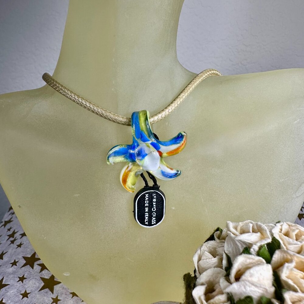 NWT Italian Murano Glass Starfish Pendant Slider on a Cord Necklace